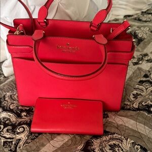 kate spade bright red satchel with matching wallet